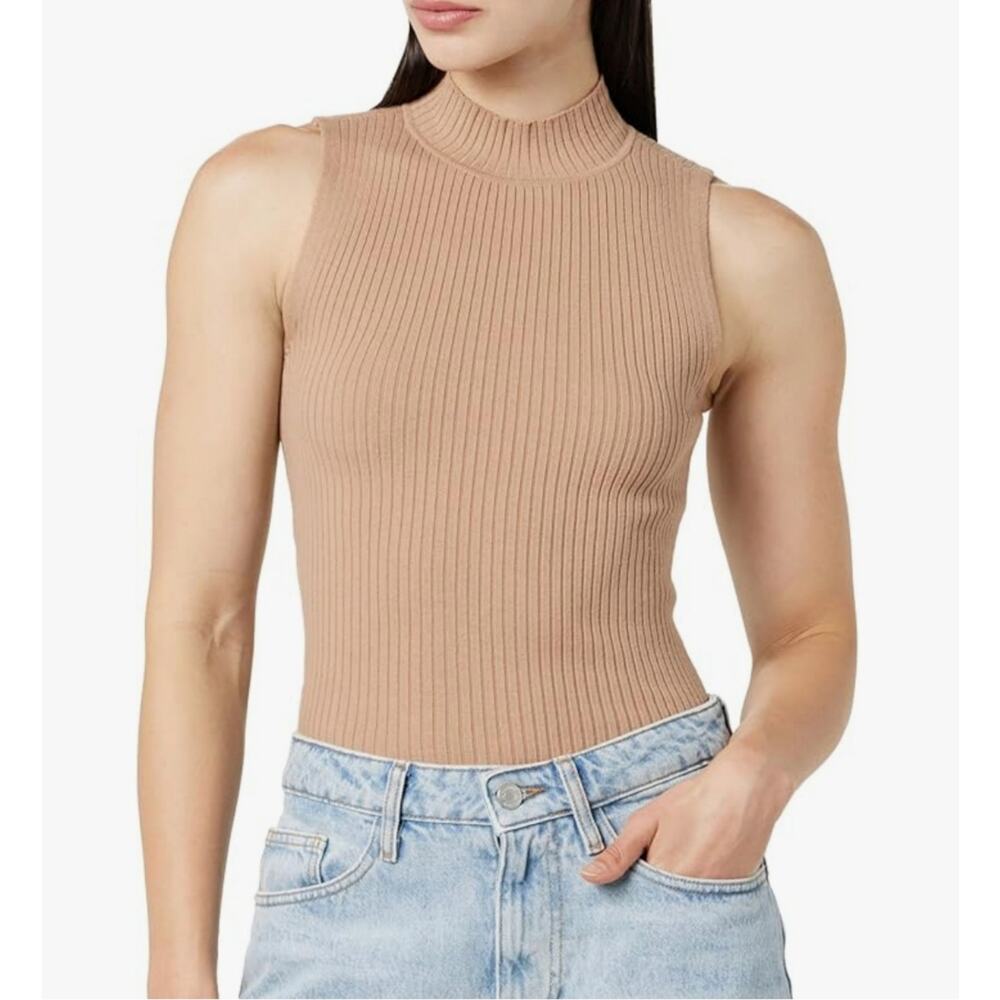 The Drop Womens Karolina Sleeveless Ribbed Mock-Neck Sweater in Praline